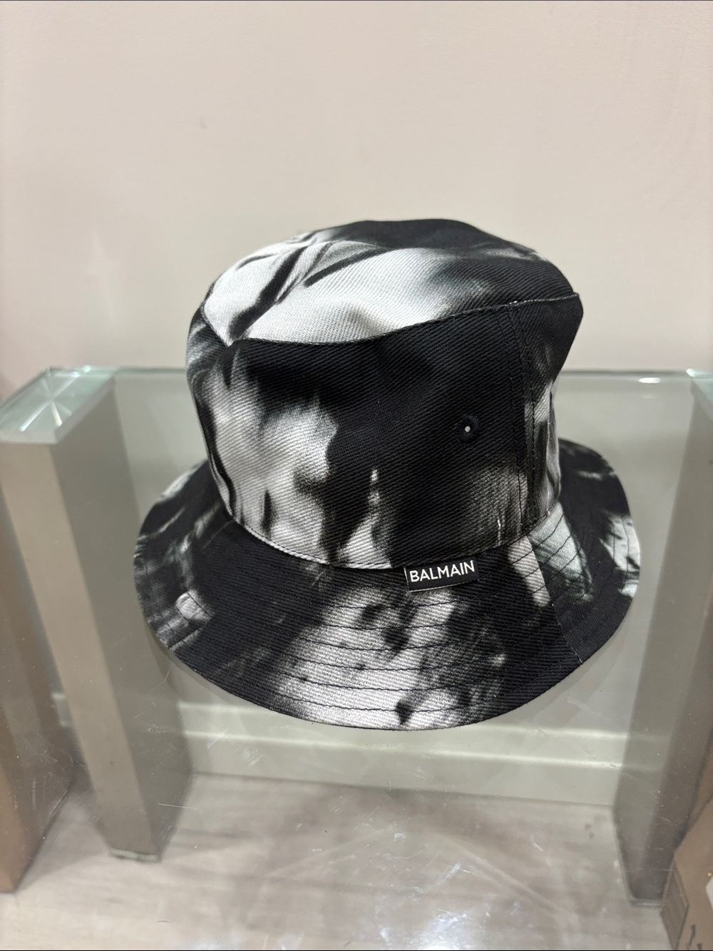 Balmain Black & White Tie-Dye Bucket Hat with Logo Tab